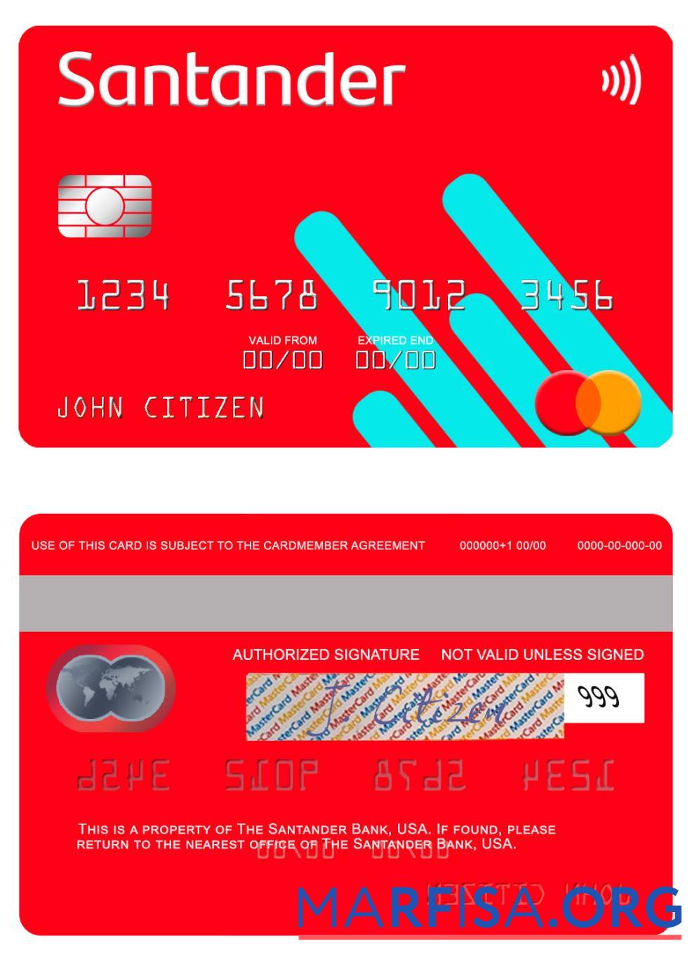 Realistic USA Santander Bank mastercard sample